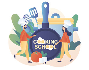 Culinary master class online. Cooking school - text on kitchen frying pan. Tiny chef in hat with kitchen tools and foods. Modern flat cartoon style. Vector illustration on white background