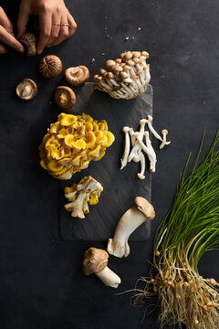 Assortment of Fresh Raw Mushrooms on black slate surface