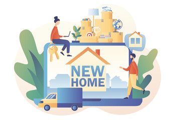 Tiny people moved to new home. Moving concept. Transporting things and objects in the truck. Cardboard boxes with various things. Modern flat cartoon style. Vector illustration on white background