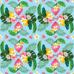 Obraz na płótnie Canvas Tropical seamless pattern with bouquet of monstera leaves, hibiscus, plumeria, coconut, banana, heart. Fashionable plant illustration. Summer background. It's perfect for textile and wrapping paper.