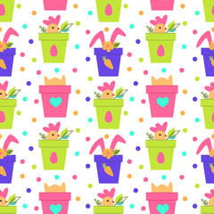 Vector seamless texture. Colorful background with easter holiday elements - 413794422