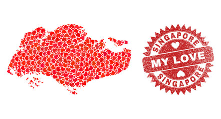 Vector collage Singapore map of love heart elements and grunge My Love stamp. Collage geographic Singapore map constructed using love hearts.