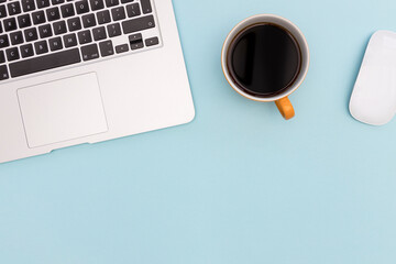 Computer keyboard coffee top view minimal office blue color back