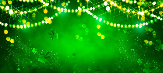 St. Patrick's Day abstract green background decorated with shamrock leaves. Patrick Day pub party...