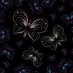 Vector illustration of a bright decorative butterfly on a black background. An element for decorating fabrics, books, scrapbooks, accessories, bright print on clothes.