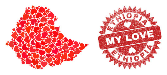 Vector mosaic Ethiopia map of valentine heart elements and grunge My Love seal stamp. Mosaic geographic Ethiopia map created with love hearts.