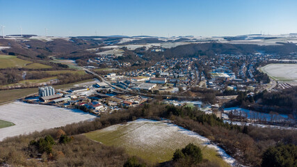 Aerial view of the city Meisenheim in winter