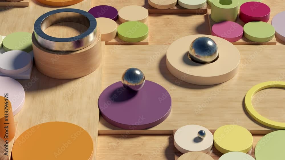 Poster 3d abstract background made of extruded round and ring shapes. metal spheres with textures. colorful