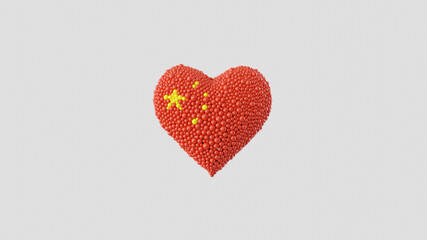 China National Day. October 1. Heart shape made out of shiny sphere on white background. 3D rendering.