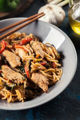 Chicken chow mein. Fried noodles with chicken and vegetables