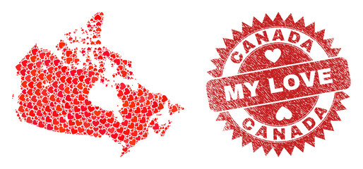 Vector collage Canada map of love heart elements and grunge My Love seal. Mosaic geographic Canada map designed with lovely hearts. Red rosette badge with grunge rubber texture and my love tag.