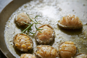 Grilled fresh abalone on a cast iron pan
