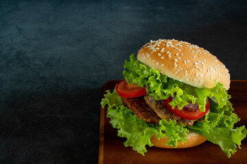 Close-up of delicious fresh homemade hamburger with lettuce, onion and tomato.