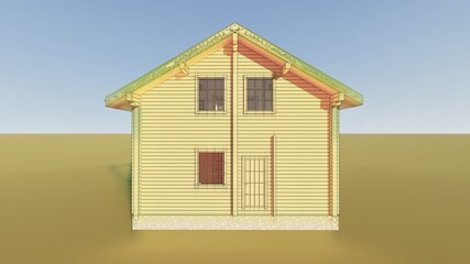 wooden house, cottage, house with timber pipe 3d rendering illustration hand-drawn graphics