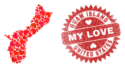 Vector mosaic Guam Island map of valentine heart items and grunge My Love stamp. Mosaic geographic Guam Island map constructed using lovely hearts.
