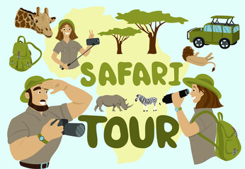 Safari tour in Africa. A girl with backpack and binoculars looks at the wild animals. Lion, rhino, zebra and giraffe. Safari jeep. The girl takes a selfie with a giraffe. Male photographer. Zanzibar