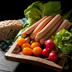 jedzenie, pomidor, swiezy, zdrowa, kiełbasa, papryczka, zieleń, sałata, czerwień, obiad, dieta, naturalny, pomidor, posiłek, gotowanie, bochenki, parówki