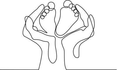 small feet in hands. mom and baby. black and white illustration. logo. icon. love. family. mother and newborn