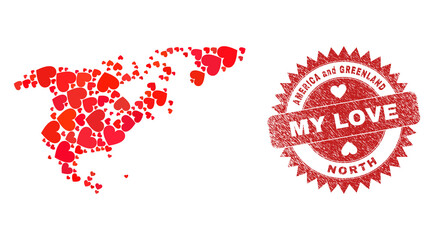 Vector collage North America and Greenland map of lovely heart elements and grunge My Love badge. Collage geographic North America and Greenland map constructed with love hearts.