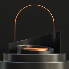 Gold circle podium for product presentation on black concrete wall background luxury style.,3d model and illustration.