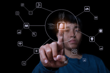 Businessman with technology fingerprint scan provides security.