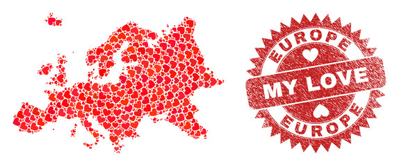 Vector mosaic Europe map of love heart items and grunge My Love badge. Mosaic geographic Europe map designed using valentine hearts. Red rosette badge with distress rubber texture and my love caption.