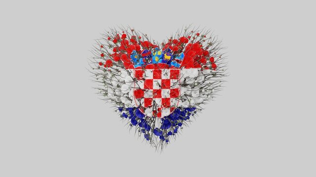 Croatia National Day. Independence Day. June 25. Heart shape made out of flowers on white background. 3D rendering.