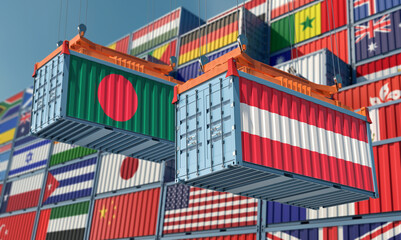 Freight containers with Austria and Bangladesh flag. 3D Rendering 