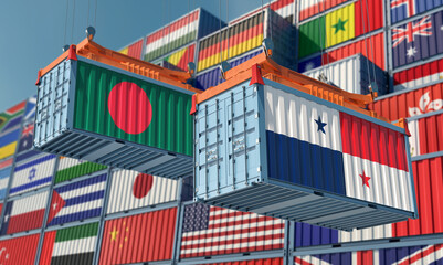 Freight containers with Panama and Bangladesh flag. 3D Rendering 