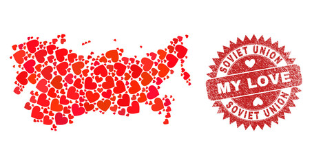 Vector collage Soviet Union map of love heart items and grunge My Love seal stamp. Collage geographic Soviet Union map created with lovely hearts.