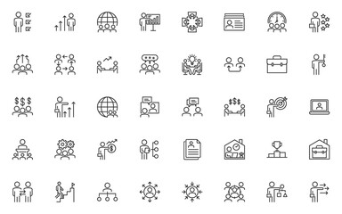 set of business people thin line icons, teamwork, businessman, meeting, work