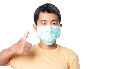 young man wearaing protective face mask isolated on white background.
