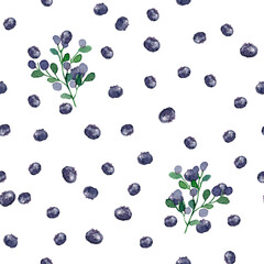 A pattern of twigs, leaves, and blueberries. Watercolour.