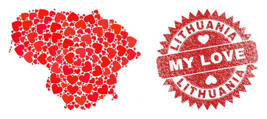 Vector mosaic Lithuania map of lovely heart items and grunge My Love seal. Mosaic geographic Lithuania map constructed with lovely hearts.