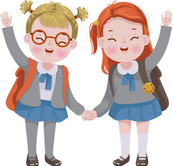 Girl in uniform. Two children with smile with friend carrying books with backpacks. Back to school