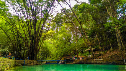 Lago azul com vegetação verde e muitas árvores