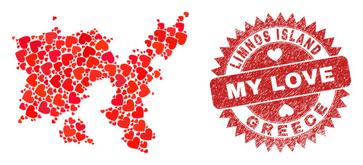 Vector collage Limnos Island map of love heart items and grunge My Love stamp. Collage geographic Limnos Island map designed with valentine hearts.