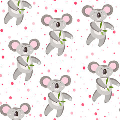 Fototapeta premium Seamless pattern with cute koala baby and hearts on white polka dots background. Funny australian animals. Card, postcards for kids. Flat vector illustration for fabric, textile, wallpaper, paper.