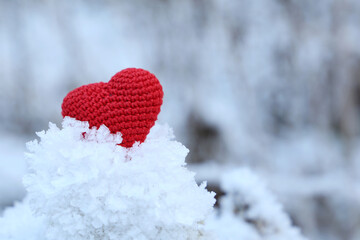 Valentine heart in the ice crystals, background for greeting card. Red knitted symbol of romantic love in winter forest