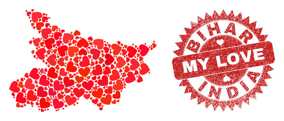 Vector collage Bihar State map of love heart elements and grunge My Love seal. Mosaic geographic Bihar State map created using love hearts.
