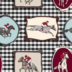 Seamless wallpaper pattern. The running beautiful horse and rider portrait in a different frames on a checkered background. Textile composition, hand drawn style print. Vector illustration.