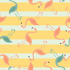 Random seamless pattern with doodle blue and pink flamingo ornament. Yellow striped background.