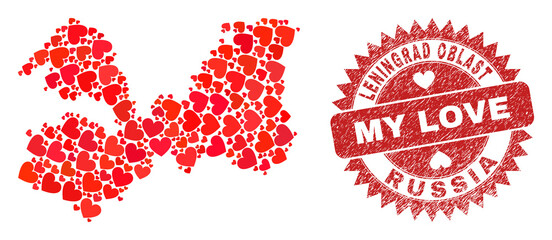 Vector mosaic Leningrad Region map of love heart items and grunge My Love stamp. Mosaic geographic Leningrad Region map designed using love hearts.