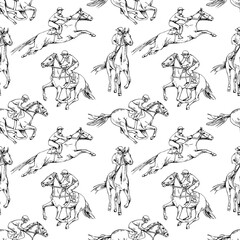 Seamless wallpaper pattern. The running beautiful horse and rider. Textile composition, hand drawn style print. Vector black and white illustration.