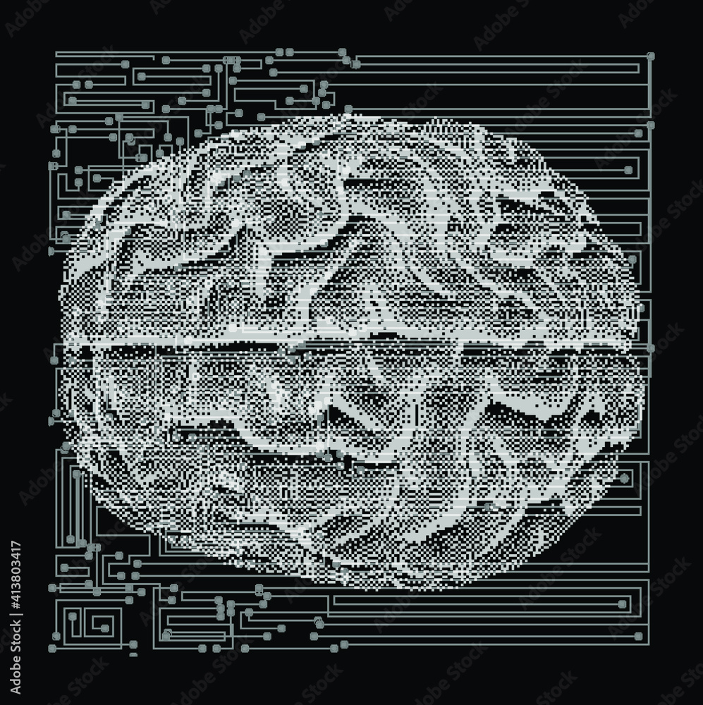 Poster Surreal futuristic composition with printed circuit board and brain on the dark background. Sci-fi vector illustration made in pixel art style.