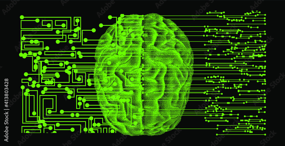 Poster surreal futuristic composition with printed circuit board and brain on the dark background. sci-fi v