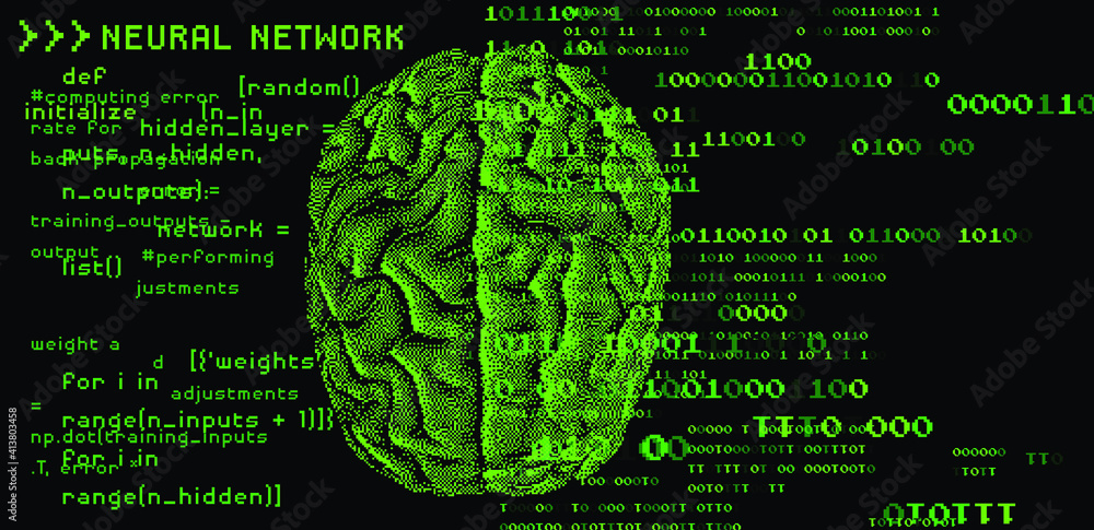 Aufkleber Human brain on the dark background with binary code. 3D illustration of the cerebrum made in refrofuturistic cyberpunk pixel art style.
