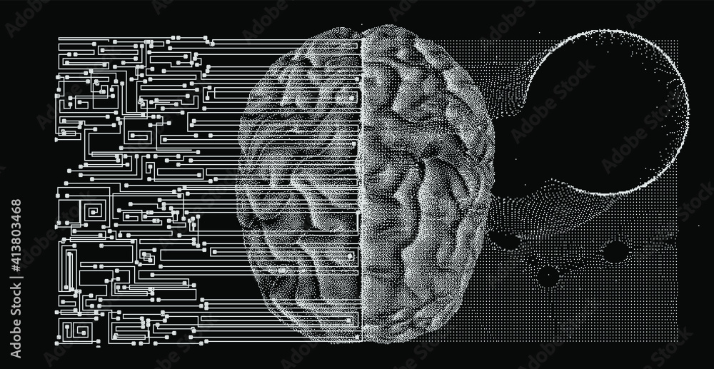 Poster Surreal futuristic composition with printed circuit board and brain on the dark background. Sci-fi vector illustration made in pixel art style.