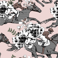 Seamless wallpaper pattern. The running beautiful checkered (houndstooth) horses, riders and anemone flowers. Textile composition, hand drawn style print. Vector illustration.