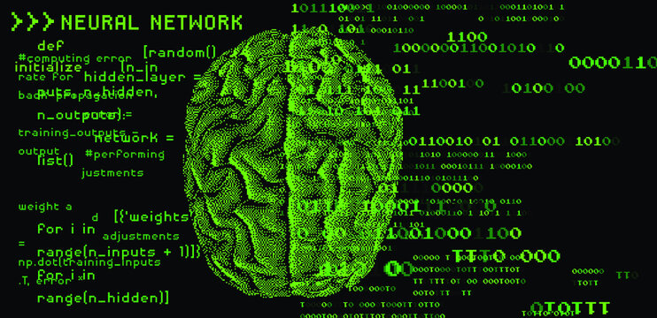 Human brain on the dark background with binary code. 3D illustration of the cerebrum made in refrofuturistic cyberpunk pixel art style.